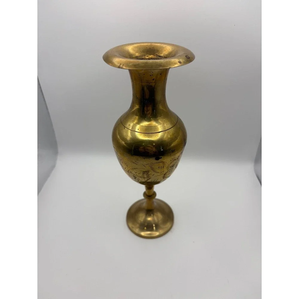 Vintage Brass Vase Etched Palm Trees Golf Clubs Goblet Style